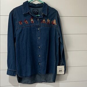 Women’s Dark Blue Embroidered Denim Button-Up Shirt